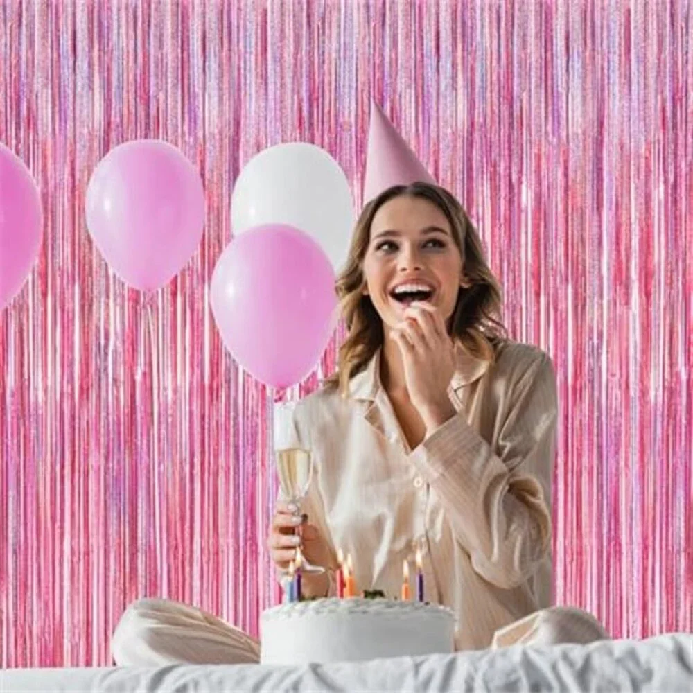 2PC Glitter Pink Tinsel Fringe Curtain PET 3.28x7ft Party Backdrop Decor